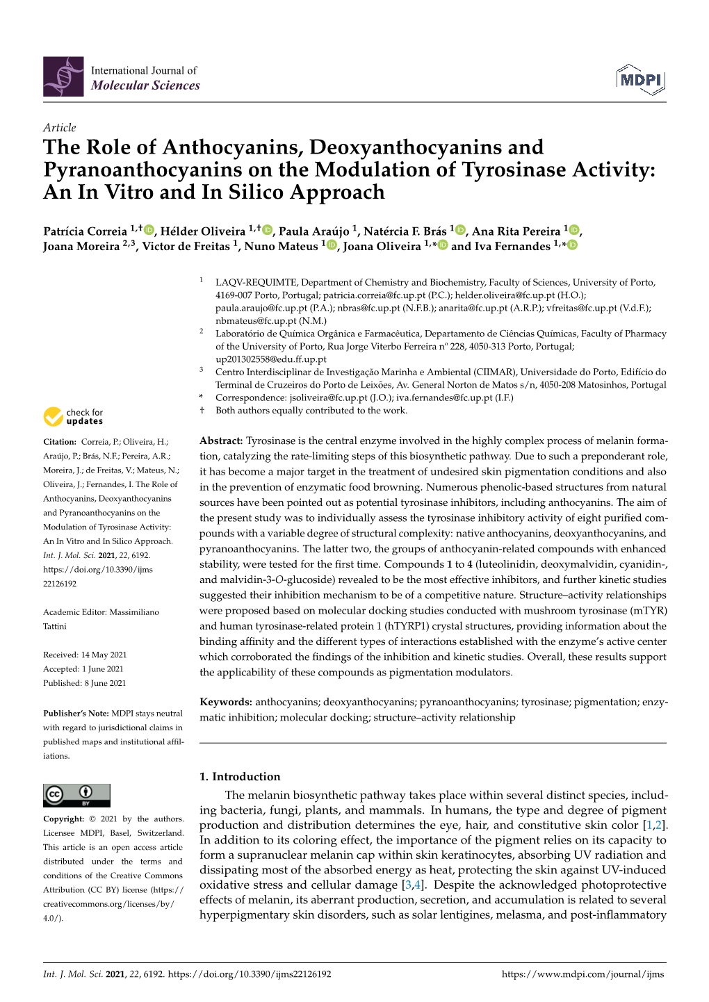 The Role of Anthocyanins, Deoxyanthocyanins and Pyranoanthocyanins on the Modulation of Tyrosinase Activity: an in Vitro and in Silico Approach