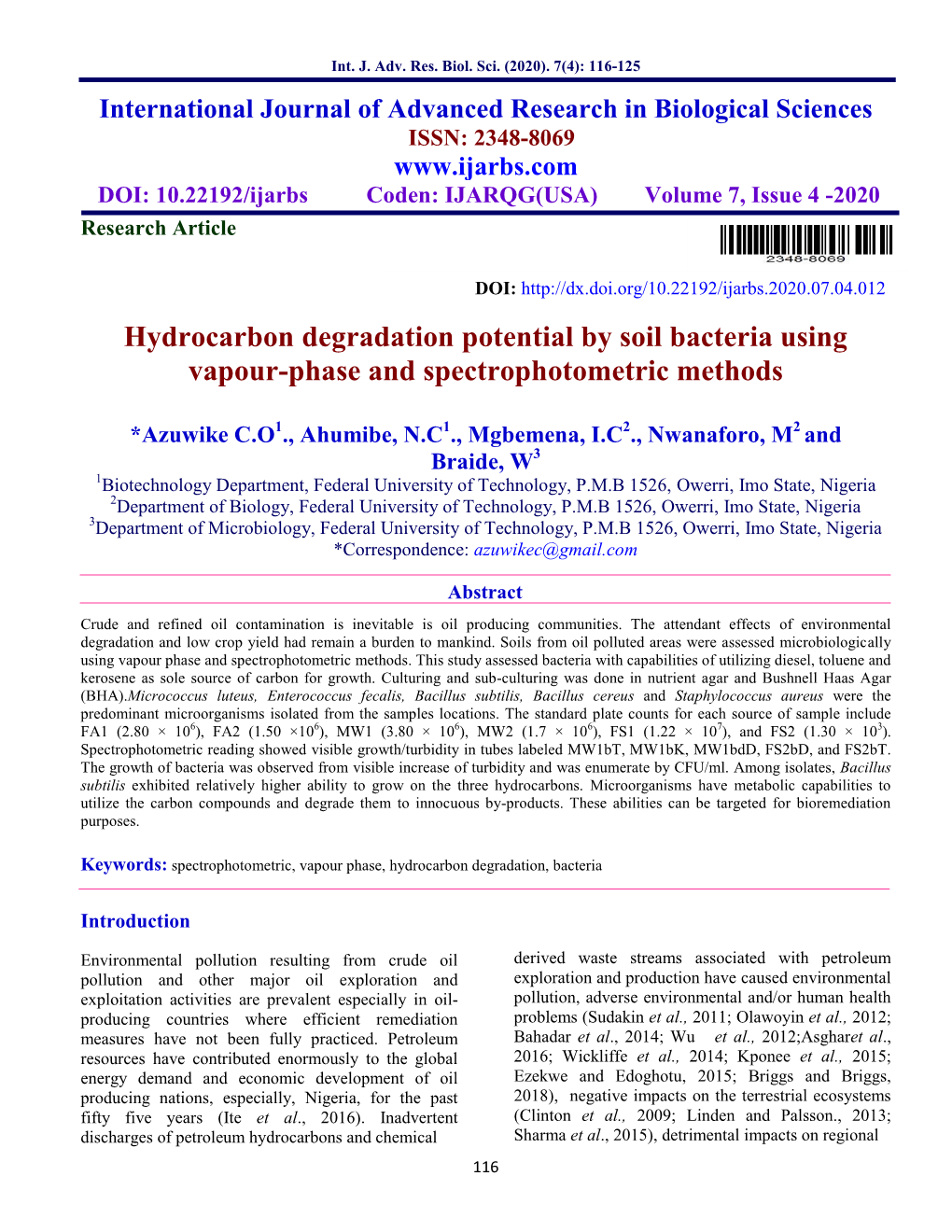 Hydrocarbon Degradation Potential by Soil Bacteria Using Vapour-Phase and Spectrophotometric Methods