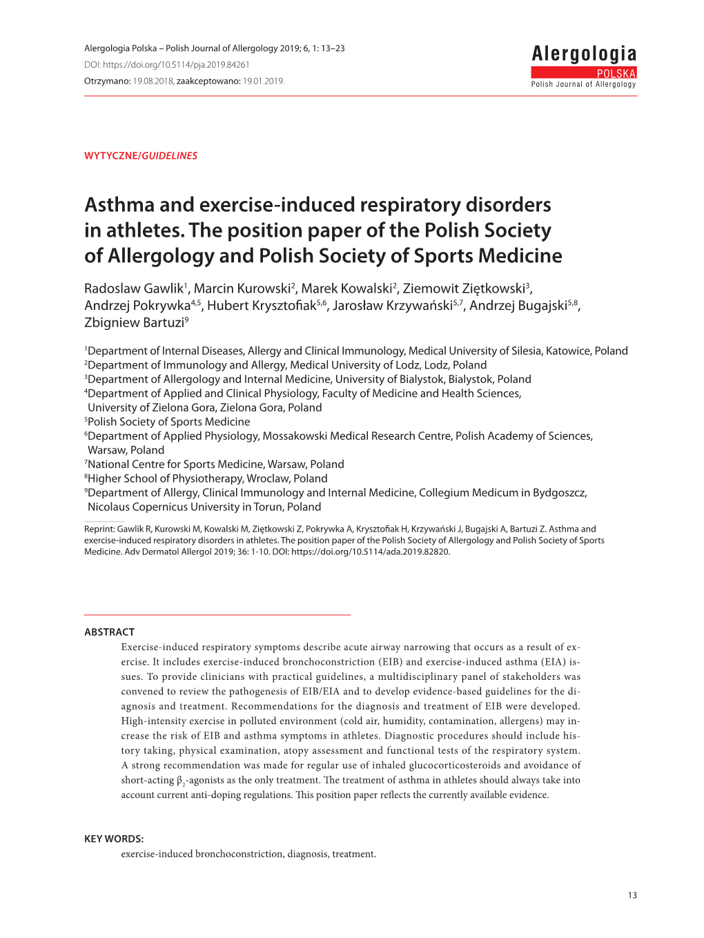 Asthma and Exercise-Induced Respiratory Disorders in Athletes. the Position Paper of the Polish Society of Allergology and Polish Society of Sports Medicine