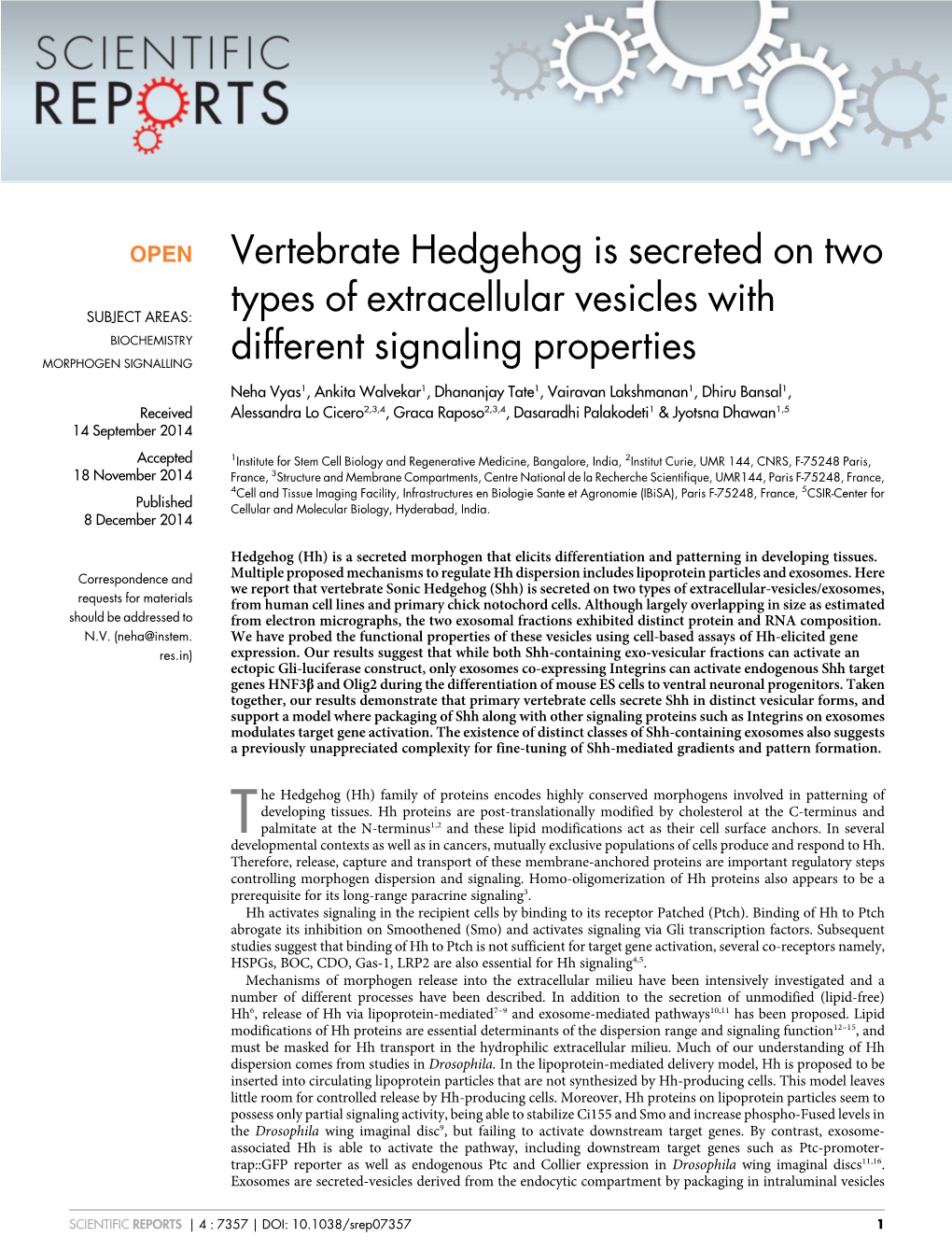 Vertebrate Hedgehog Is Secreted on Two Types of Extracellular Vesicles