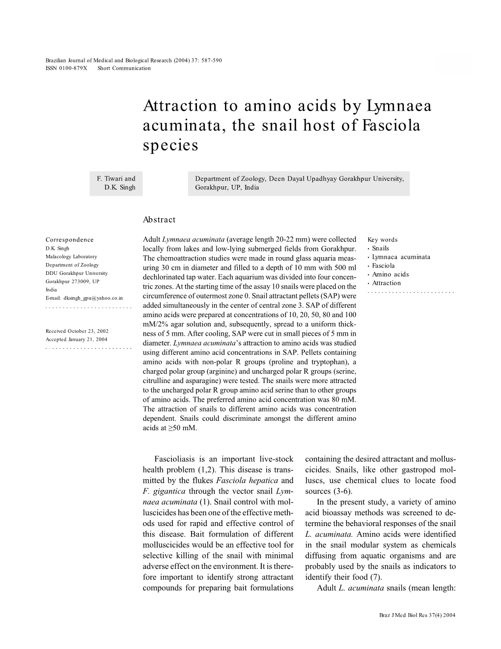 Attraction to Amino Acids by Lymnaea Acuminata, the Snail Host of Fasciola Species
