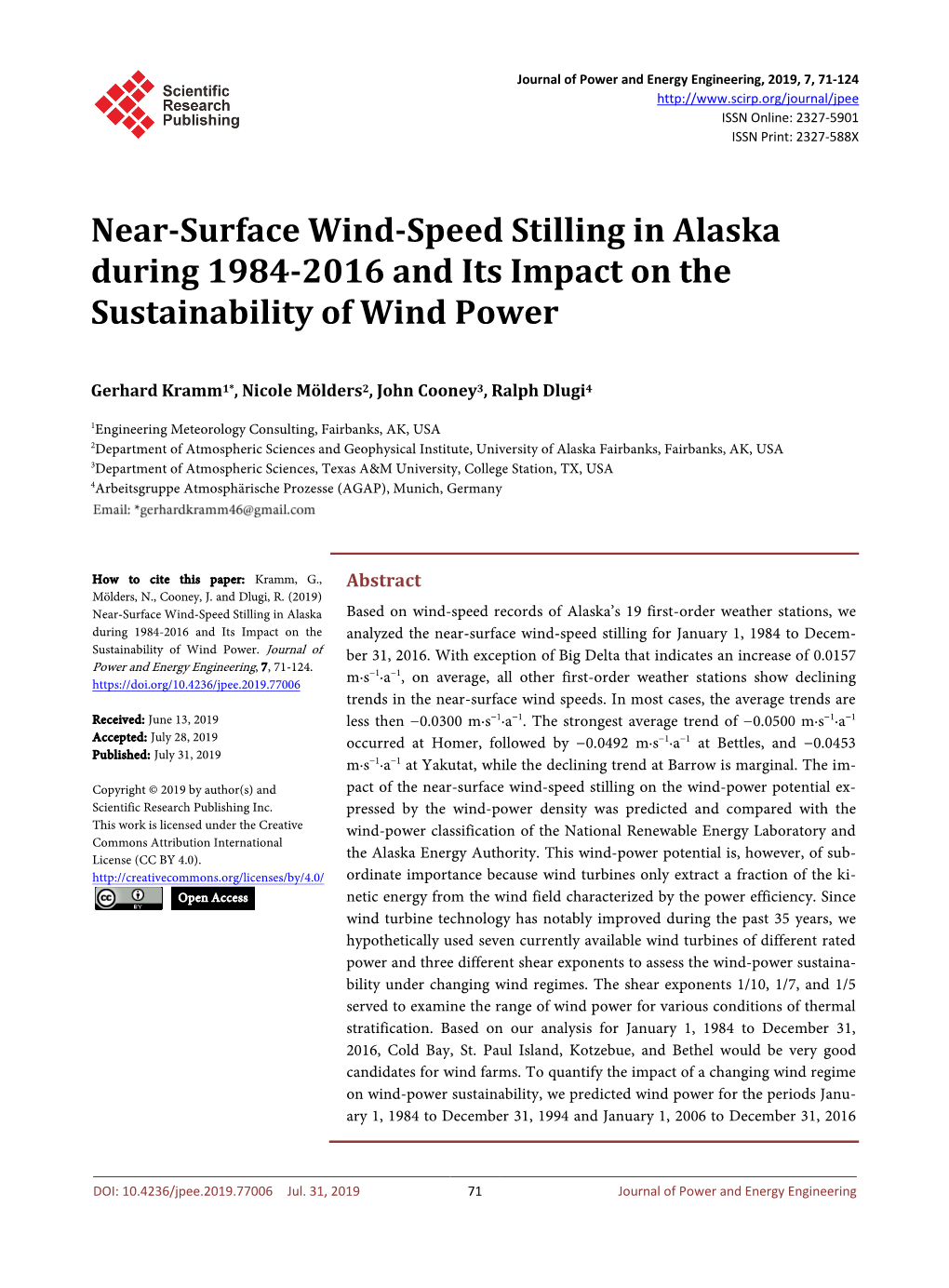 Near-Surface Wind-Speed Stilling in Alaska During 1984-2016 and Its Impact on the Sustainability of Wind Power