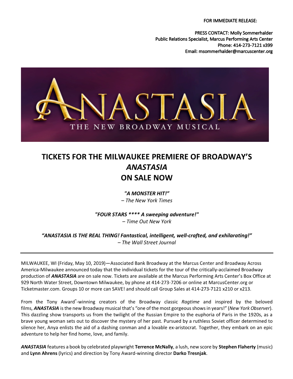 Tickets for the Milwaukee Premiere of Broadway's Anastasia on Sale