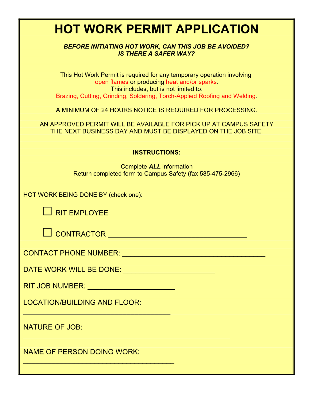 Hot Work Permit Application