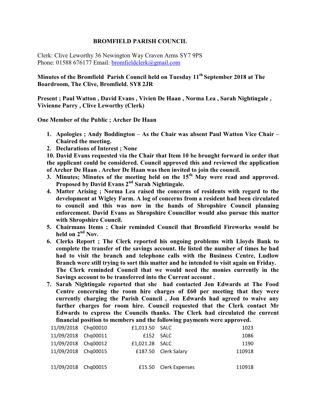 BROMFIELD PARISH COUNCIL Clerk