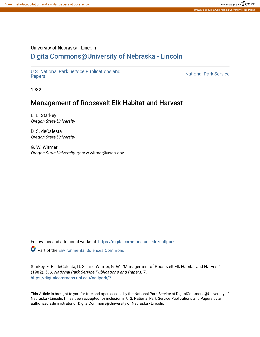 Management of Roosevelt Elk Habitat and Harvest