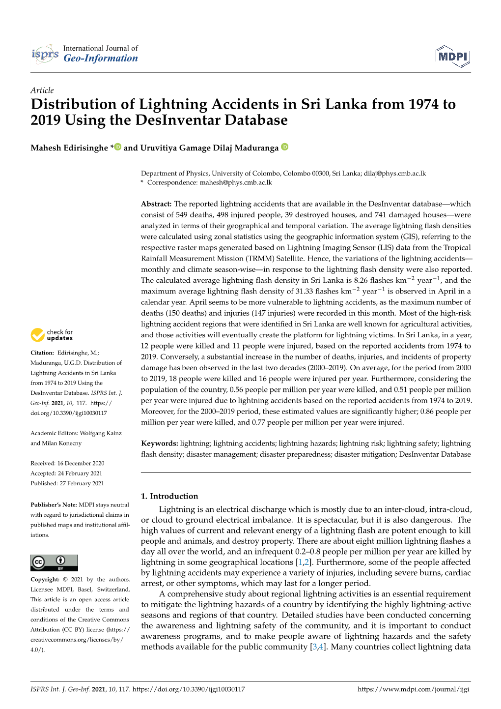 Distribution of Lightning Accidents in Sri Lanka from 1974 to 2019 Using the Desinventar Database