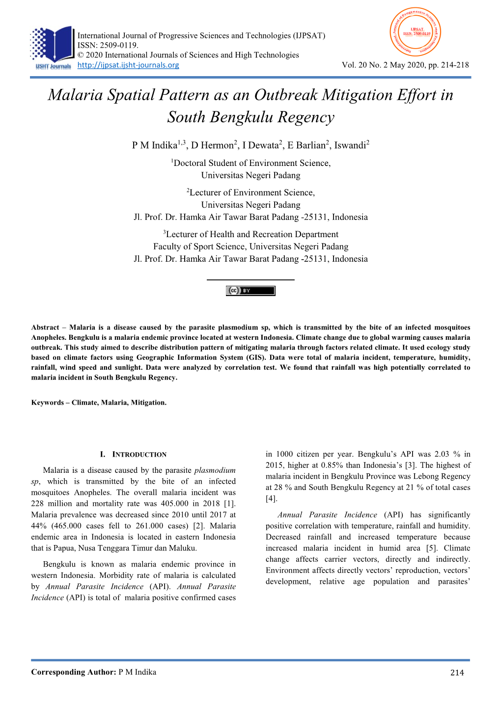 Malaria Spatial Pattern As an Outbreak Mitigation Effort in South Bengkulu Regency