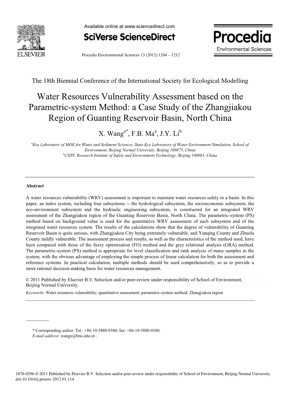 Water Resources Vulnerability Assessment Based on the Parametric-System Method: a Case Study of the Zhangjiakou Region of Guanting Reservoir Basin, North China