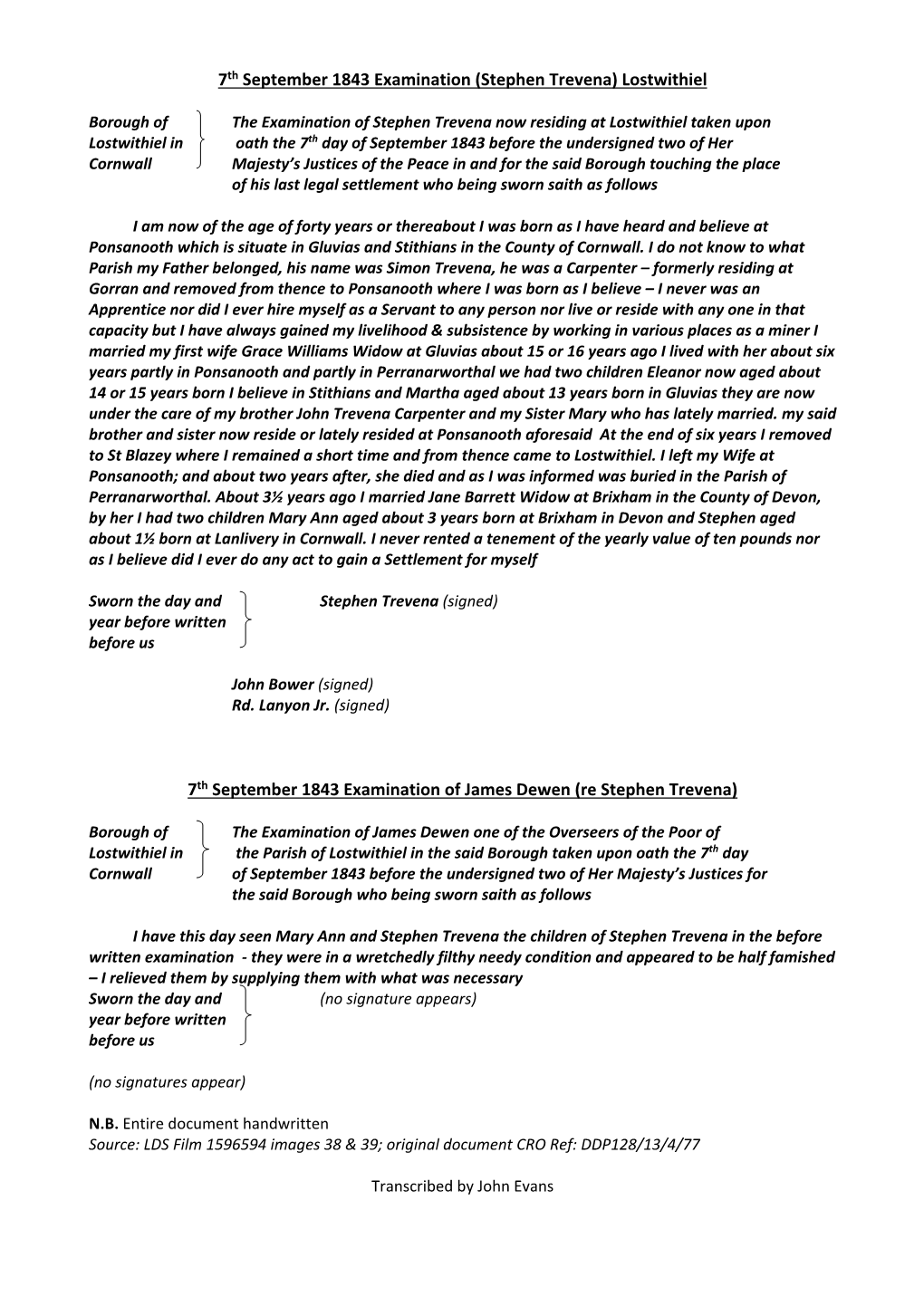 1843 Sep 7 Examinations Re Stephen Trevena & Family Lostwithiel