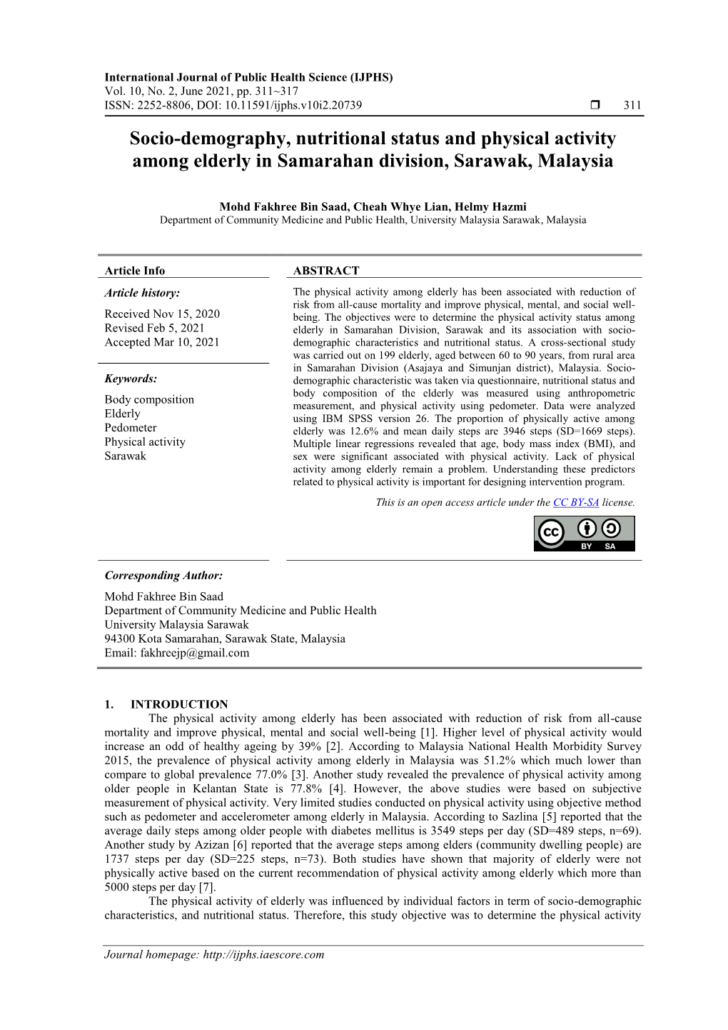 Socio-Demography, Nutritional Status and Physical Activity Among Elderly in Samarahan Division, Sarawak, Malaysia