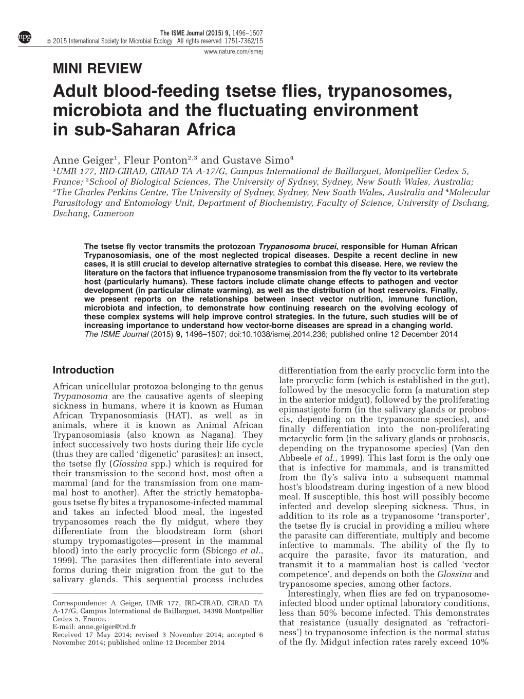 Adult Blood-Feeding Tsetse Flies, Trypanosomes, Microbiota and the Fluctuating Environment in Sub-Saharan Africa