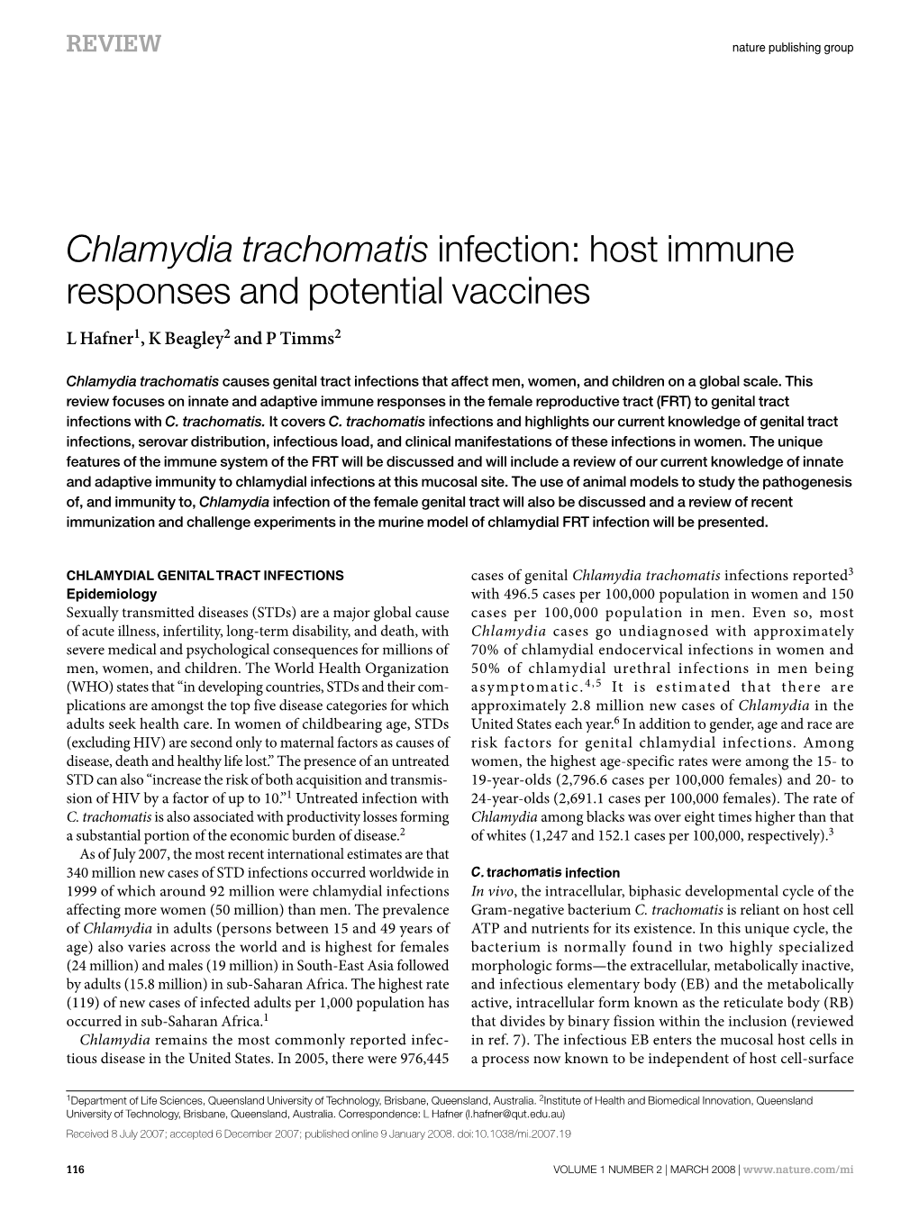 Chlamydia Trachomatis Infection: Host Immune Responses and Potential Vaccines