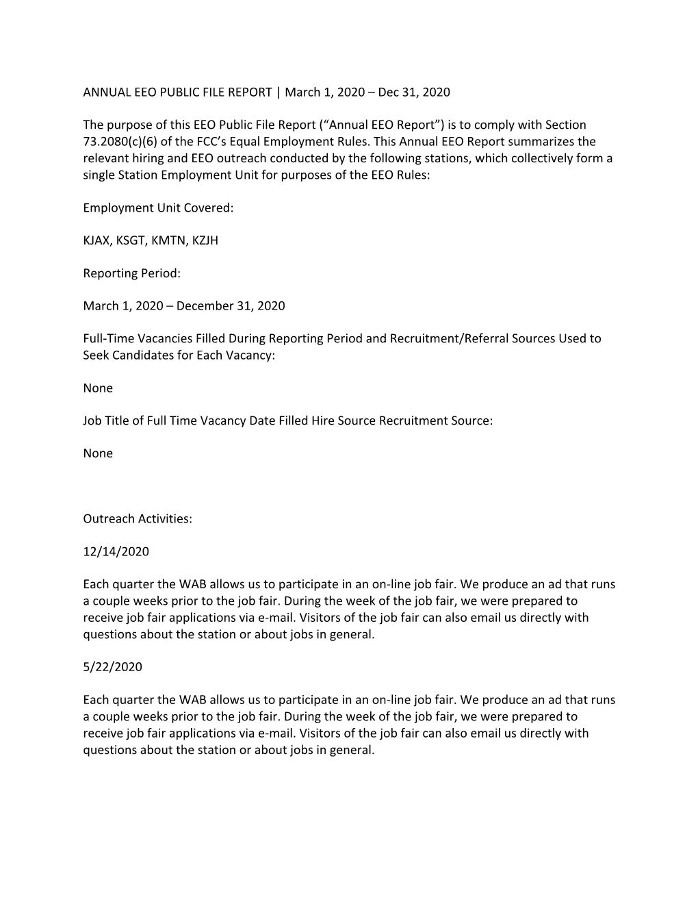 ANNUAL EEO PUBLIC FILE REPORT | March 1, 2020 – Dec 31, 2020