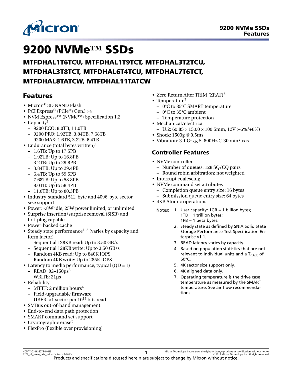 9200 Nvme Ssds Features 9200 Nvme™ Ssds MTFDHAL1T6TCU, MTFDHAL1T9TCT, MTFDHAL3T2TCU, MTFDHAL3T8TCT, MTFDHAL6T4TCU, MTFDHAL7T6TCT, MTFDHAL8TATCW, MTFDHAL11TATCW