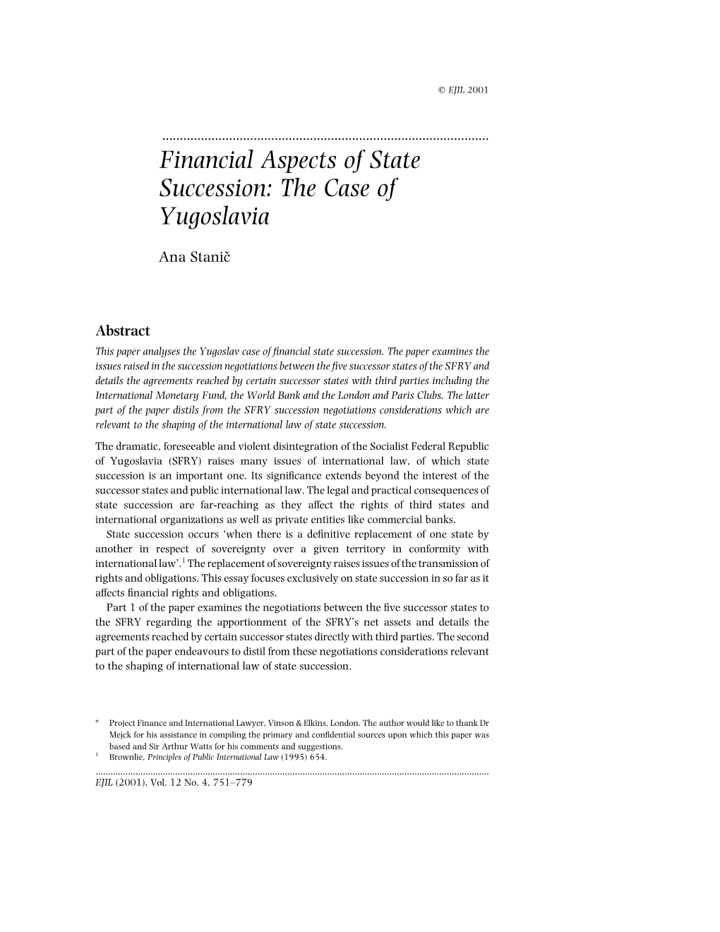Financial Aspects of State Succession: the Case of Yugoslavia