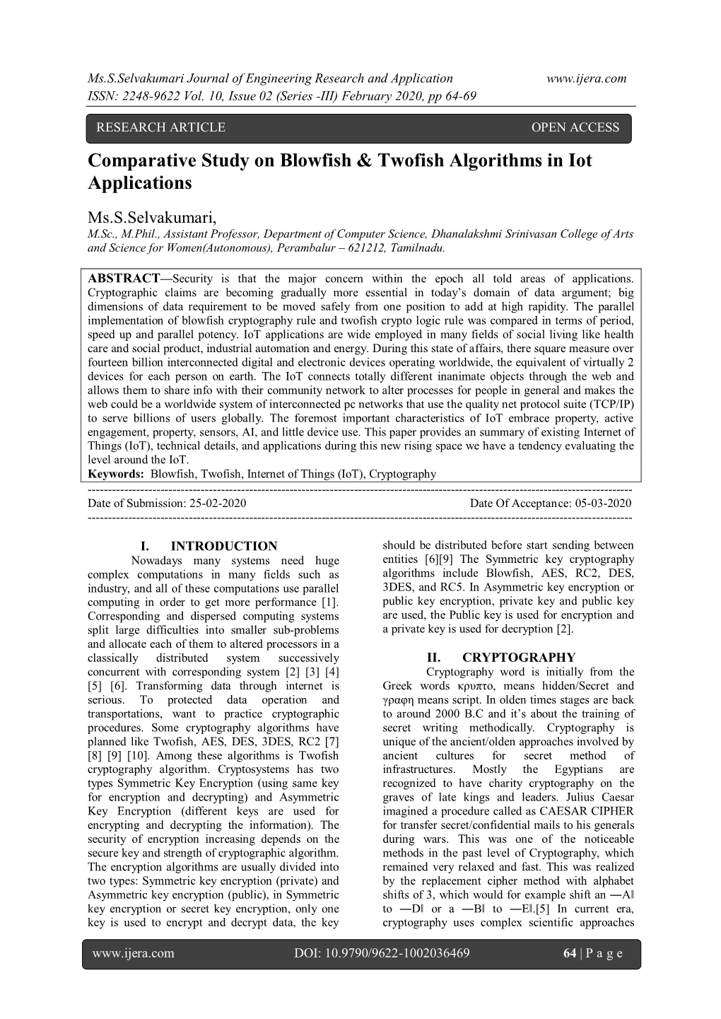 Comparative Study on Blowfish & Twofish Algorithms in Iot Applications