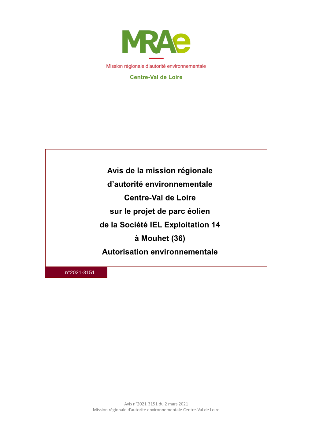 Avis De La Mission Régionale D'autorité Environnementale Centre-Val De