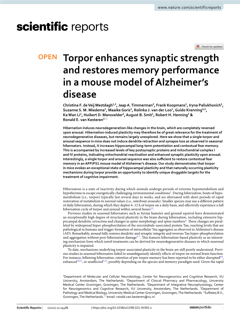 Torpor Enhances Synaptic Strength and Restores Memory Performance in a Mouse Model of Alzheimer's Disease