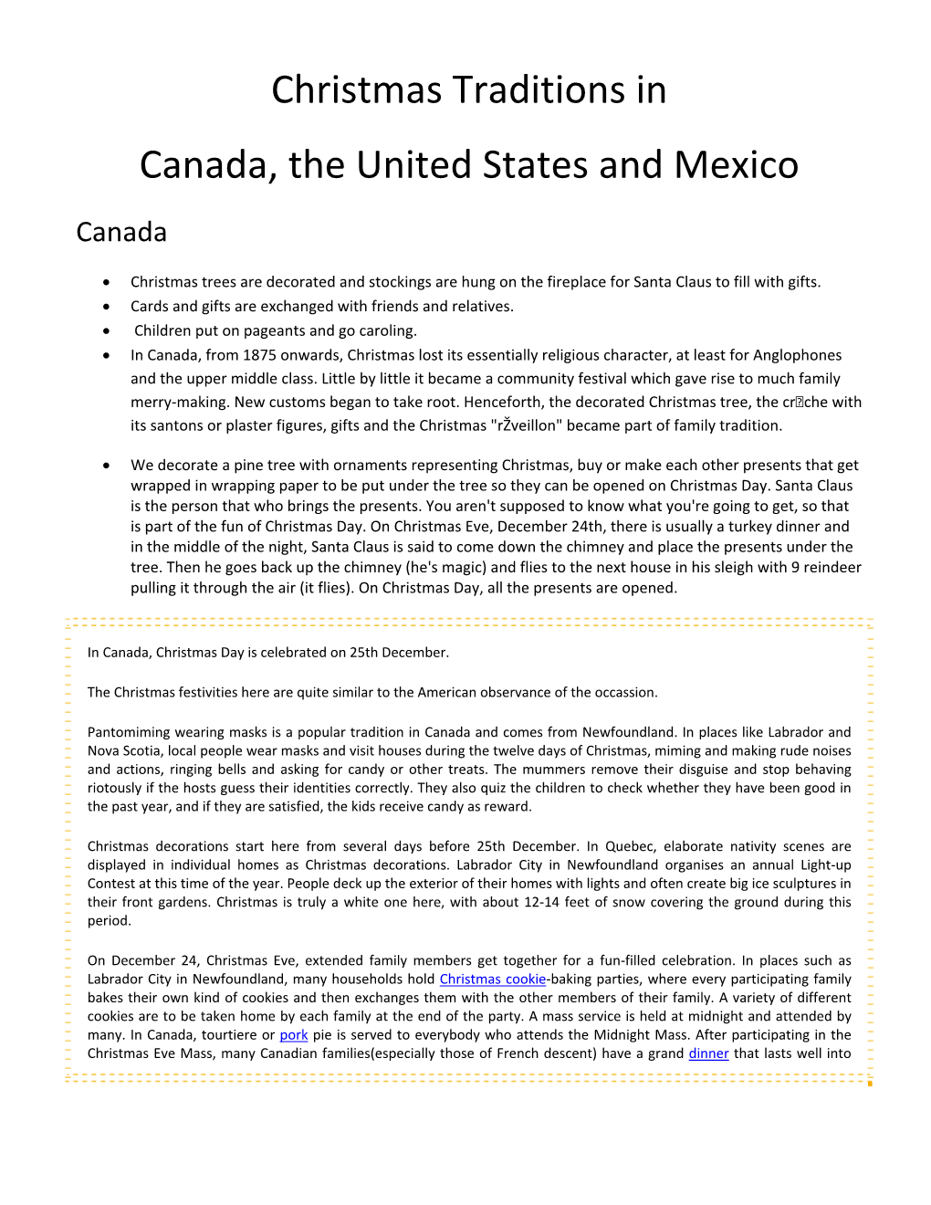 Christmas Traditions in Canada, the United States and Mexico Canada