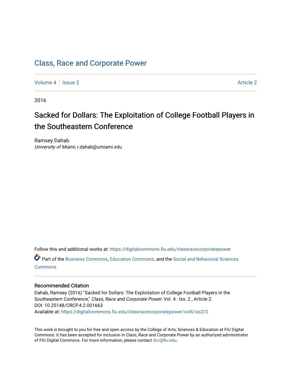 The Exploitation of College Football Players in the Southeastern Conference