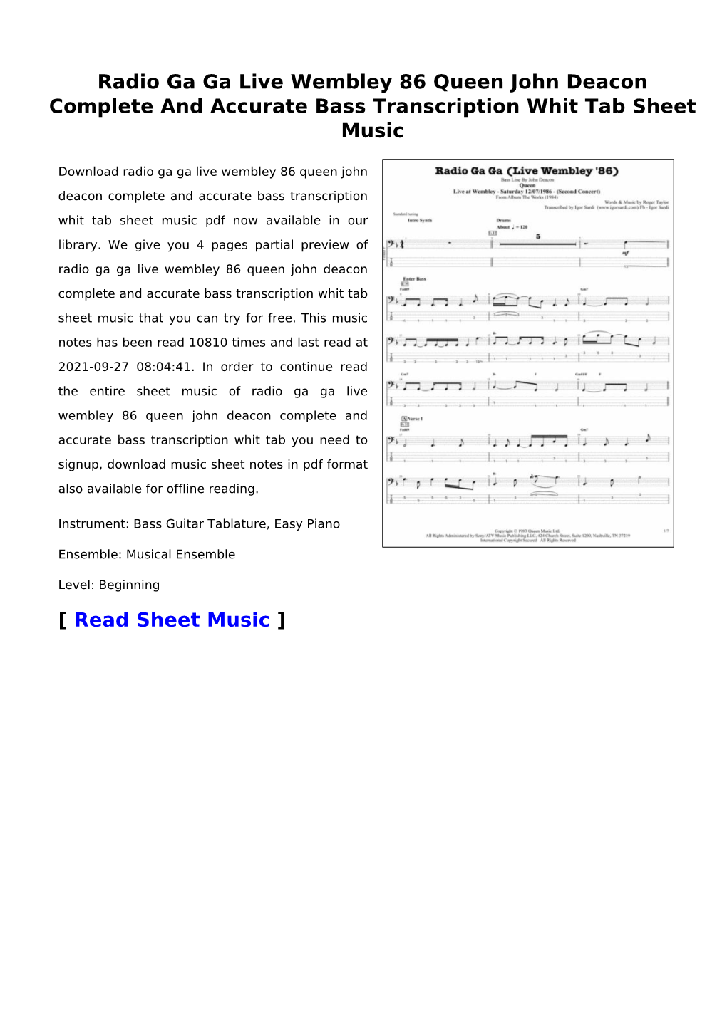Radio Ga Ga Live Wembley 86 Queen John Deacon Complete and Accurate Bass Transcription Whit Tab Sheet Music