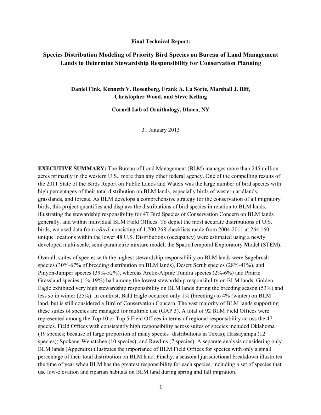 Species Distribution Modeling of Priority Bird Species on Bureau of Land Management Lands to Determine Stewardship Responsibility for Conservation Planning