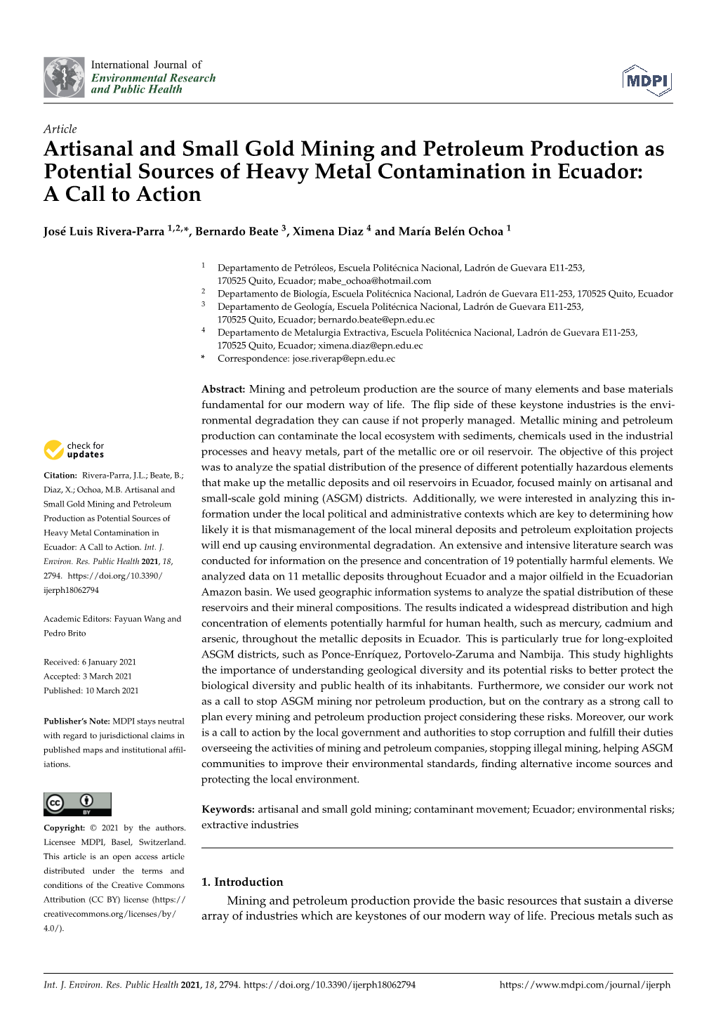 Artisanal and Small Gold Mining and Petroleum Production As Potential Sources of Heavy Metal Contamination in Ecuador: a Call to Action