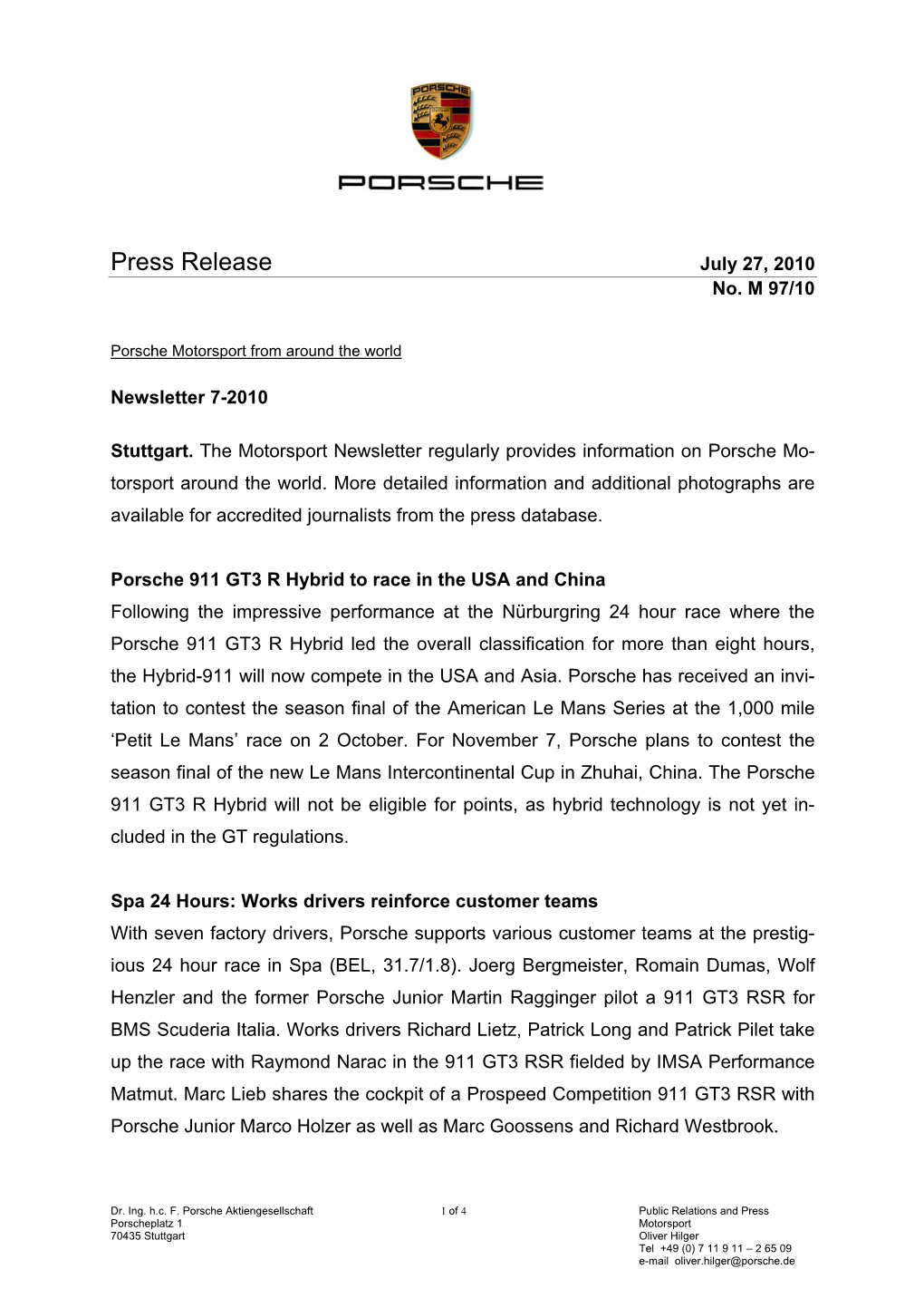 Press Release July 27, 2010 No