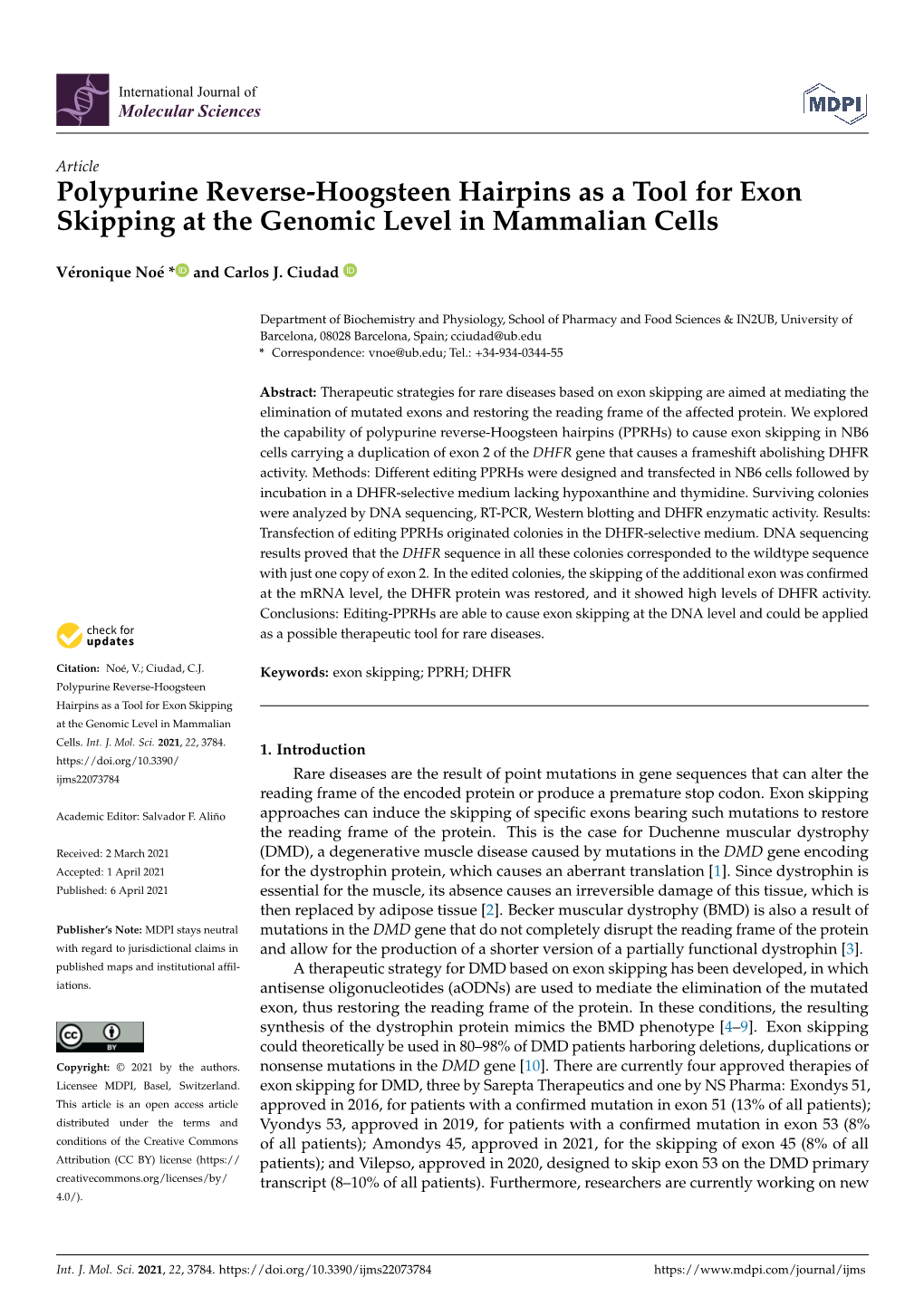 Polypurine Reverse-Hoogsteen Hairpins As a Tool for Exon Skipping at the Genomic Level in Mammalian Cells