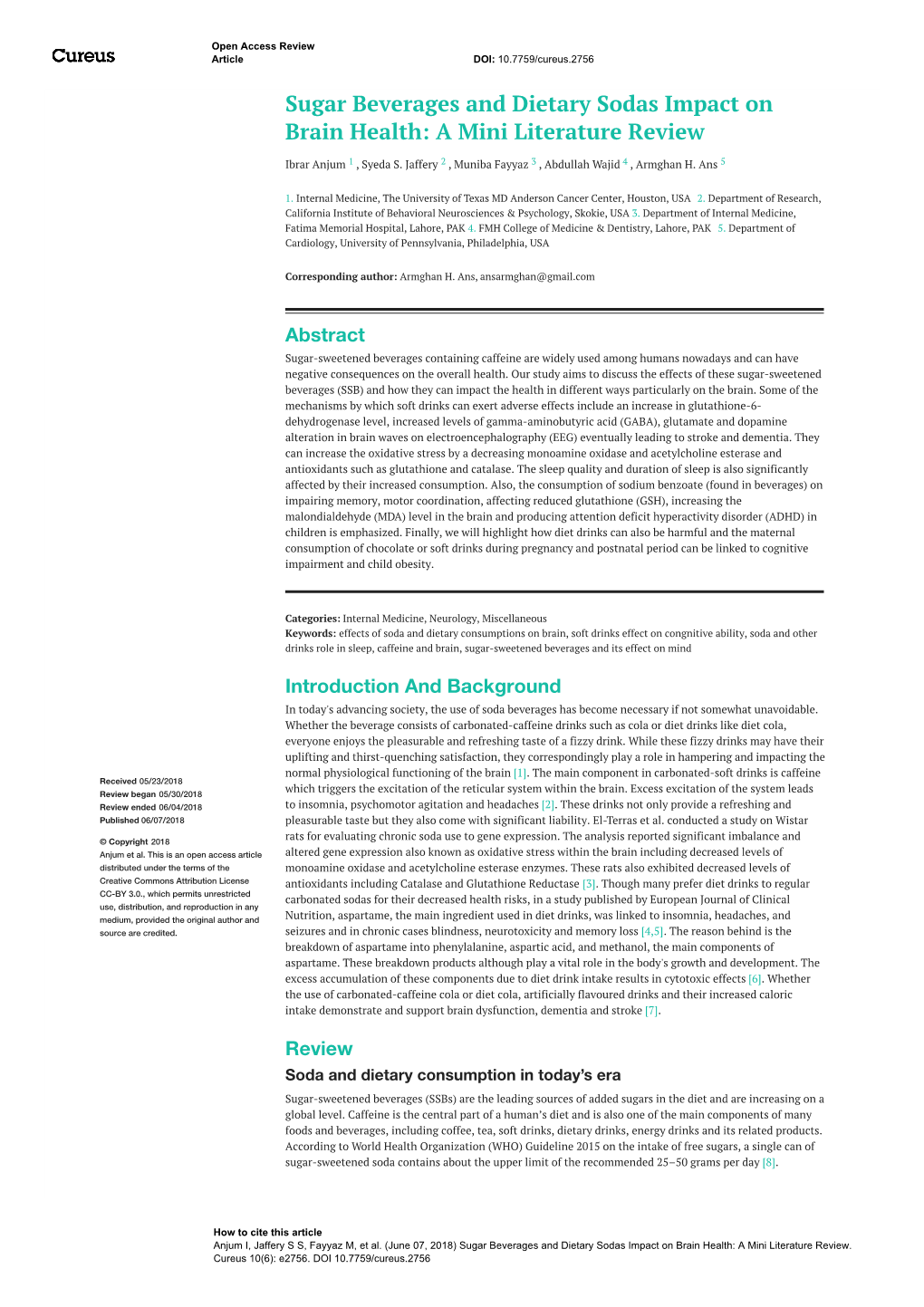 Sugar Beverages and Dietary Sodas Impact on Brain Health: a Mini Literature Review