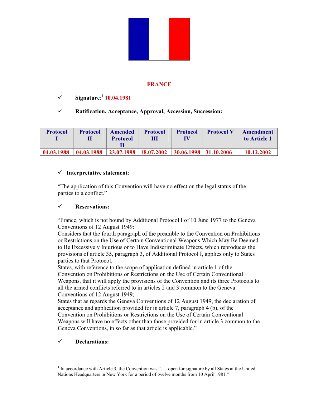 FRANCE Signature:1 10.04.1981 Ratification, Acceptance, Approval