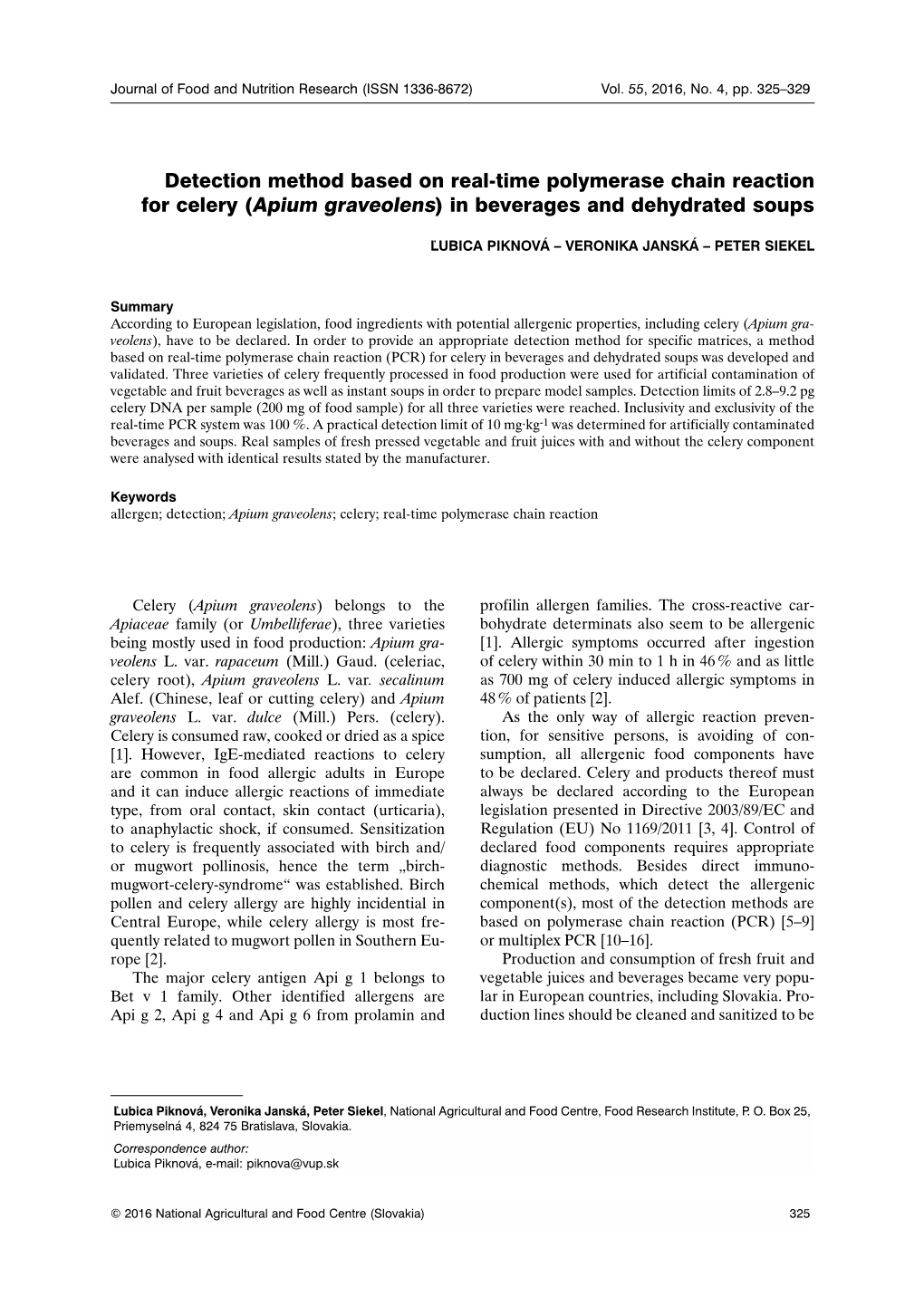 Detection Method Based on Real-Time Polymerase Chain Reaction for Celery (Apium Graveolens) in Beverages and Dehydrated Soups