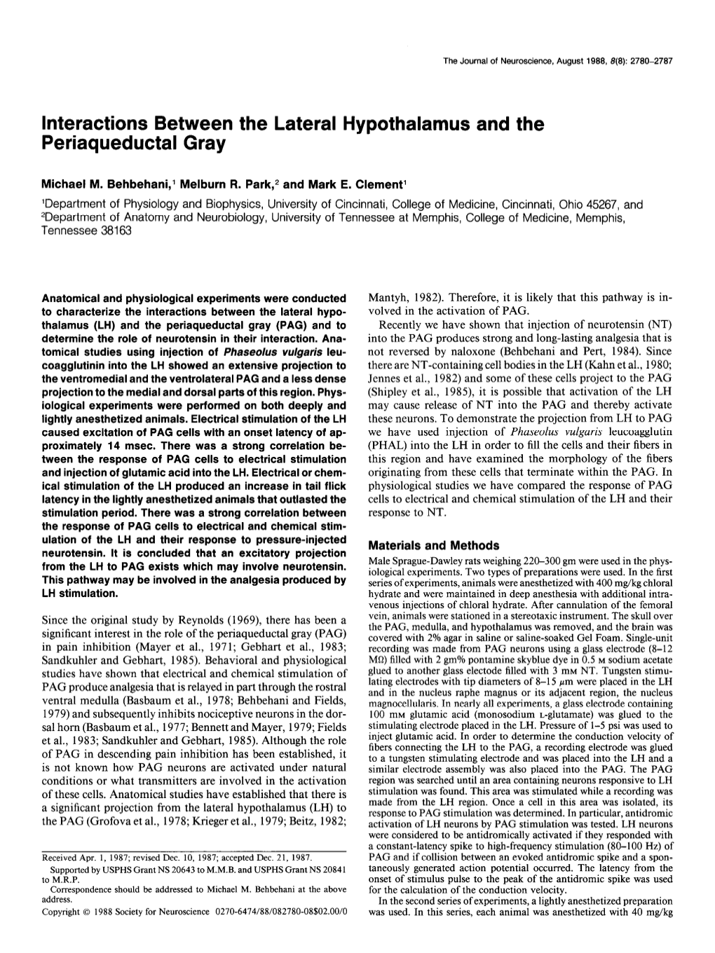 Interactions Between the Lateral Hypothalamus and the Periaqueductal Gray