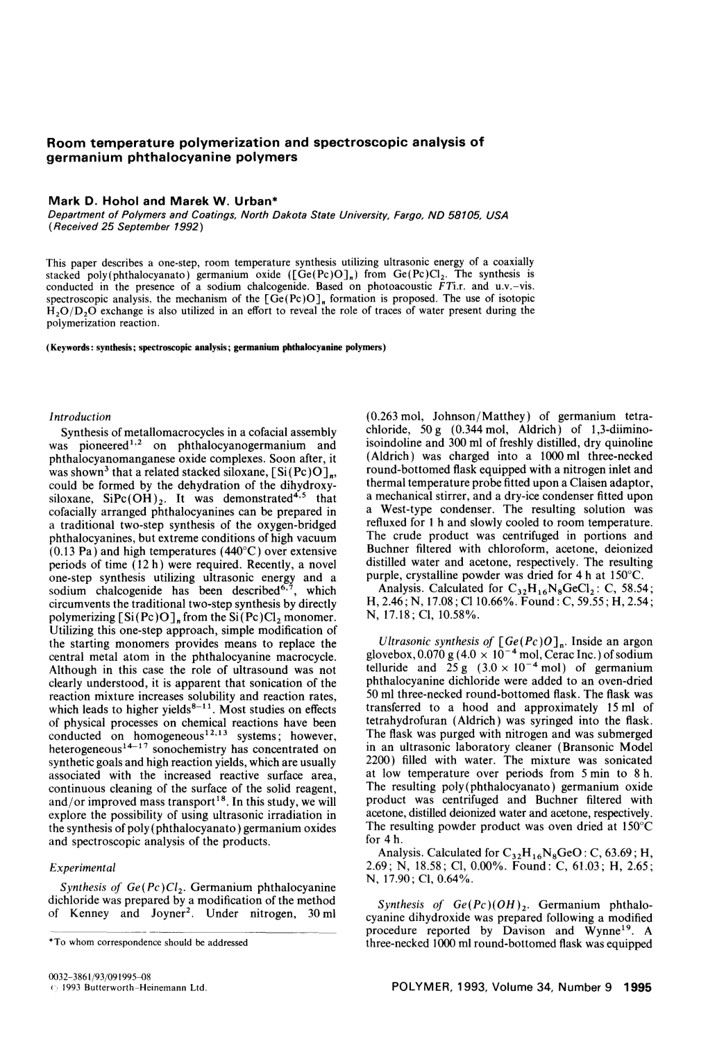 Room Temperature Polymerization and Spectroscopic Analysis of Germanium Phthalocyanine Polymers