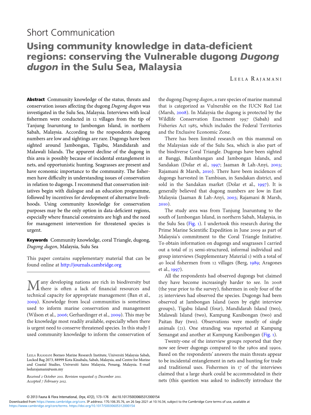 Conserving the Vulnerable Dugong Dugong Dugon in the Sulu Sea, Malaysia