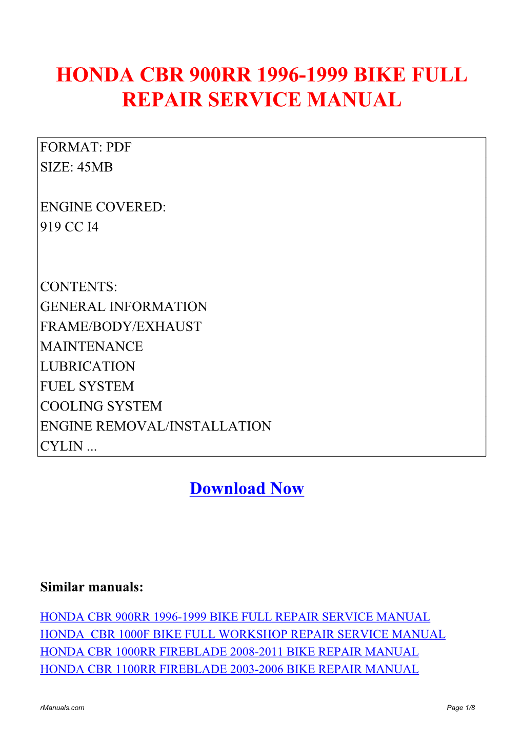 Honda Cbr 900Rr 1996-1999 Bike Full Repair Service Manual