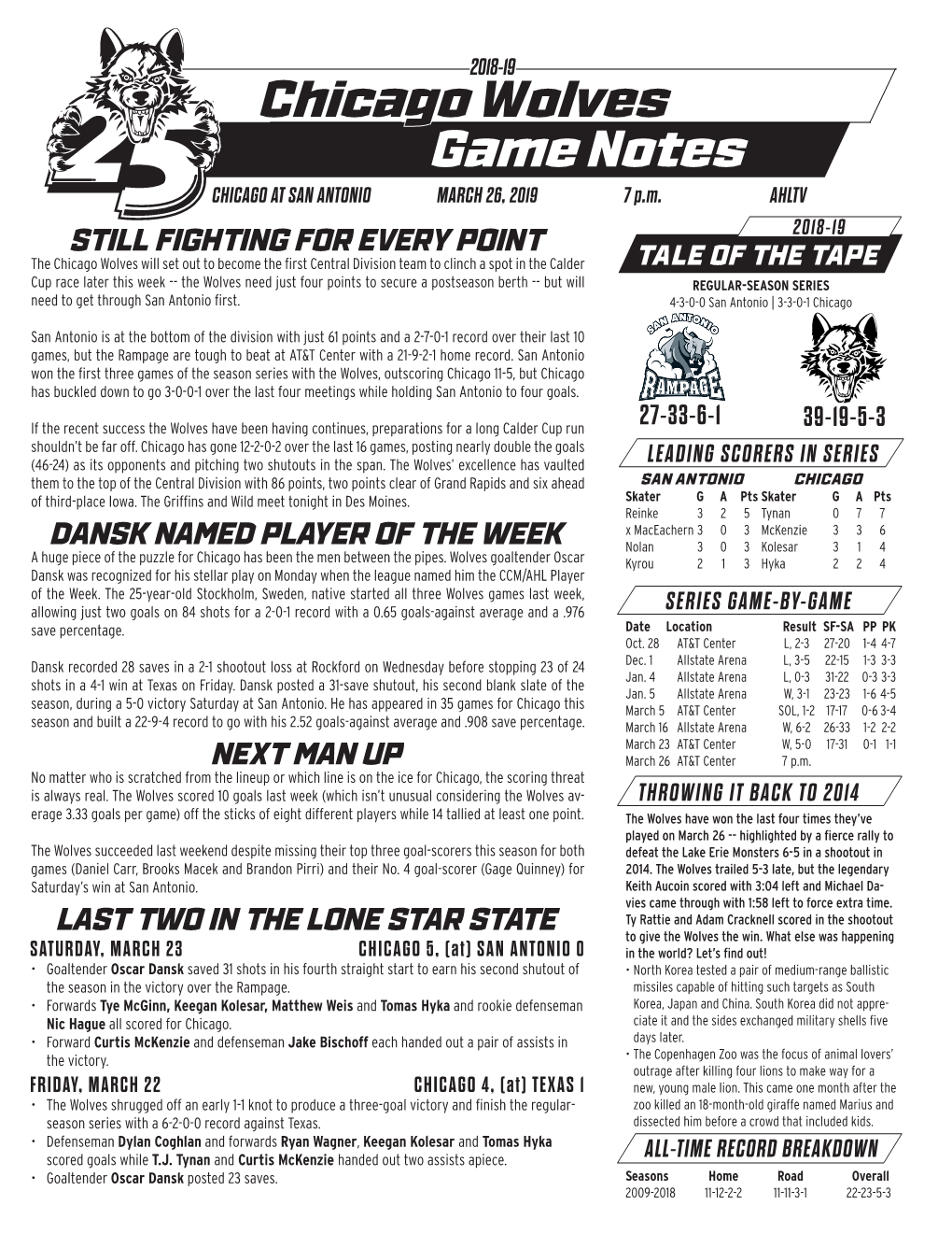 Chicago Wolves Game Notes CHICAGO at SAN ANTONIO MARCH 26, 2019 7 P.M