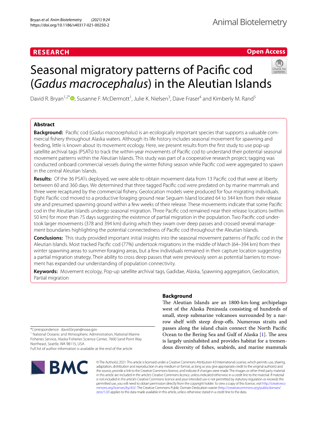 Seasonal Migratory Patterns of Pacific Cod (Gadus Macrocephalus) in The