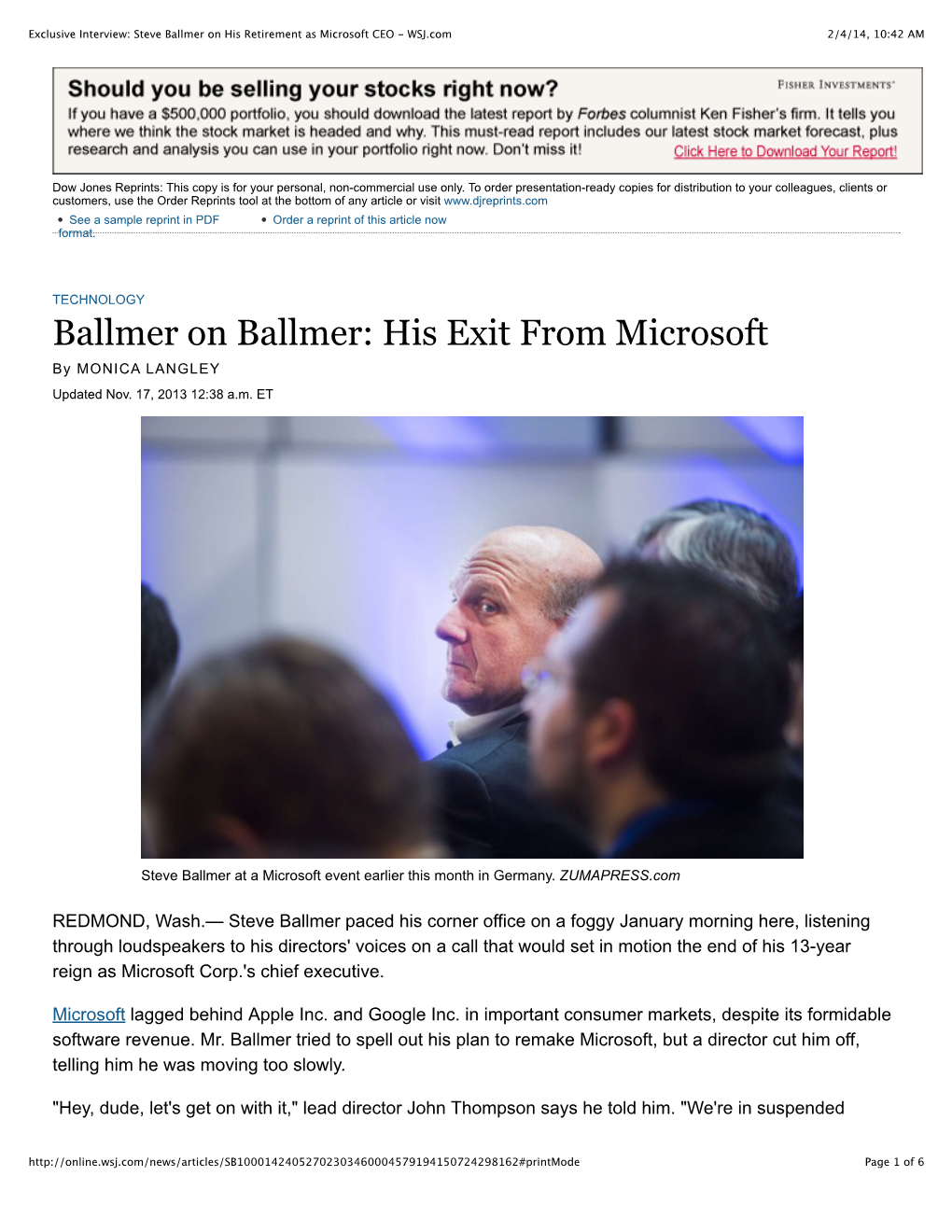 Steve Ballmer on His Retirement As Microsoft CEO - WSJ.Com 2/4/14, 10:42 AM