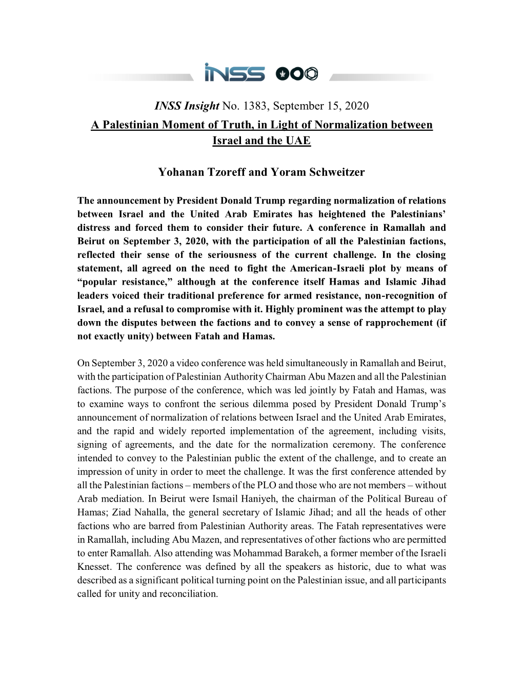 INSS Insight No. 1383, September 15, 2020 a Palestinian Moment of Truth, in Light of Normalization Between Israel and the UAE