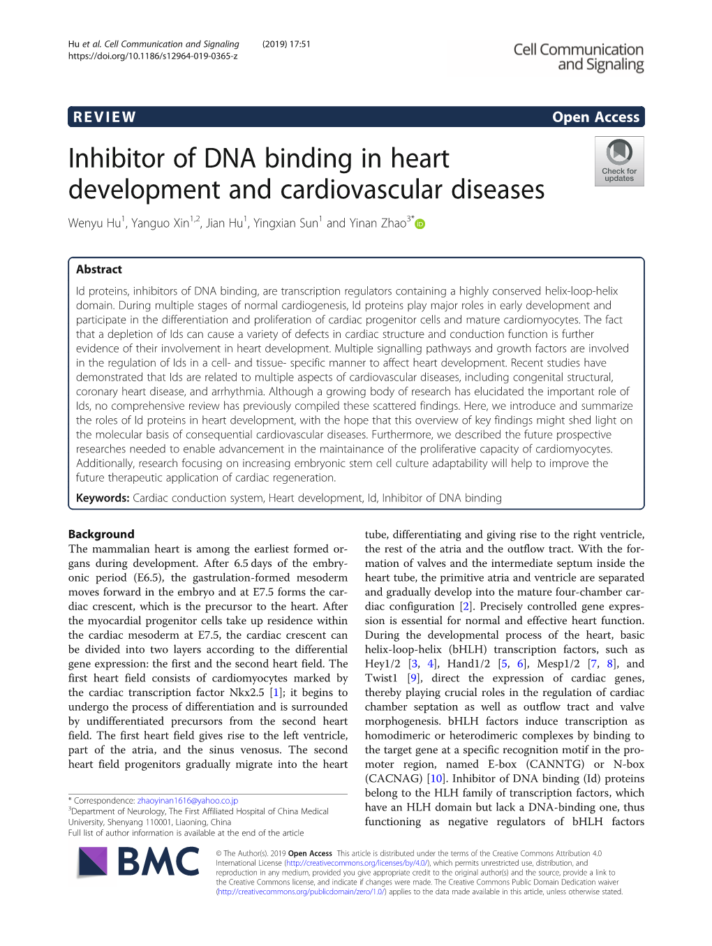 Inhibitor of DNA Binding in Heart Development and Cardiovascular Diseases Wenyu Hu1, Yanguo Xin1,2, Jian Hu1, Yingxian Sun1 and Yinan Zhao3*