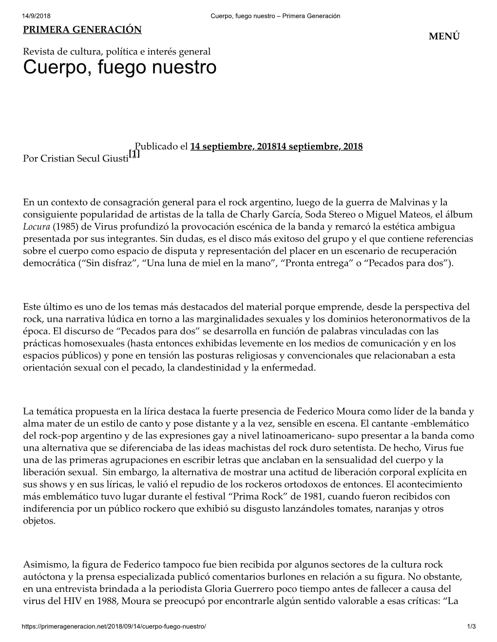 Cuerpo, Fuego Nuestro – Primera Generación PRIMERA GENERACIÓN MENÚ Revista De Cultura, Política E Interés General Cuerpo, Fuego Nuestro