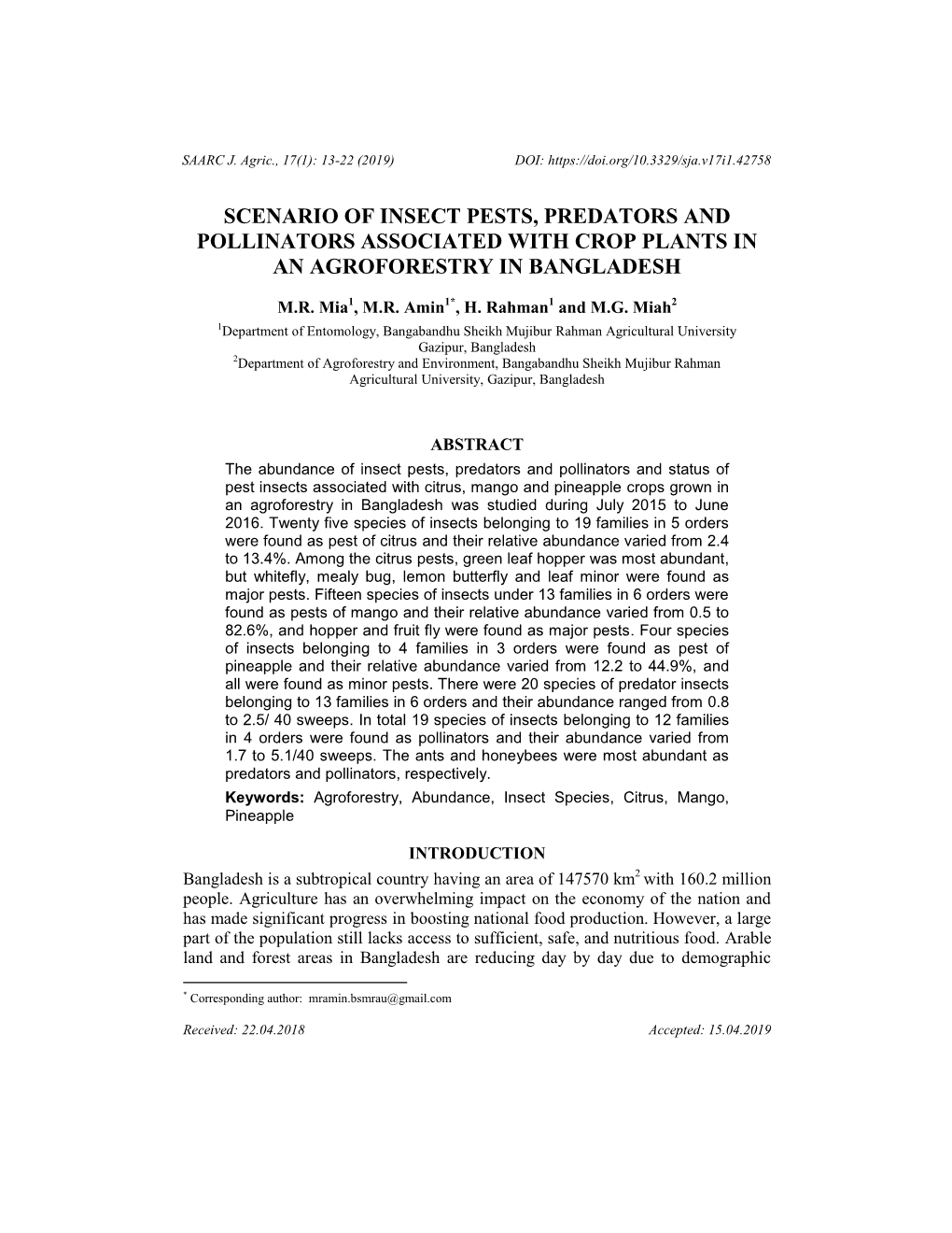 Scenario of Insect Pests, Predators and Pollinators Associated with Crop Plants in an Agroforestry in Bangladesh