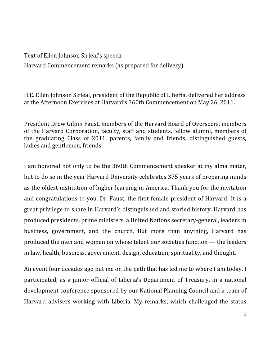 Text of Ellen Johnson Sirleaf's Speech