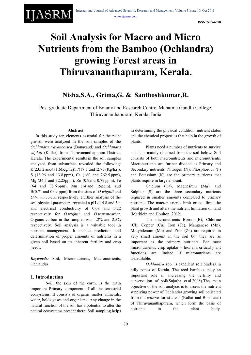 Soil Analysis for Macro and Micro Utrients from the Bamboo