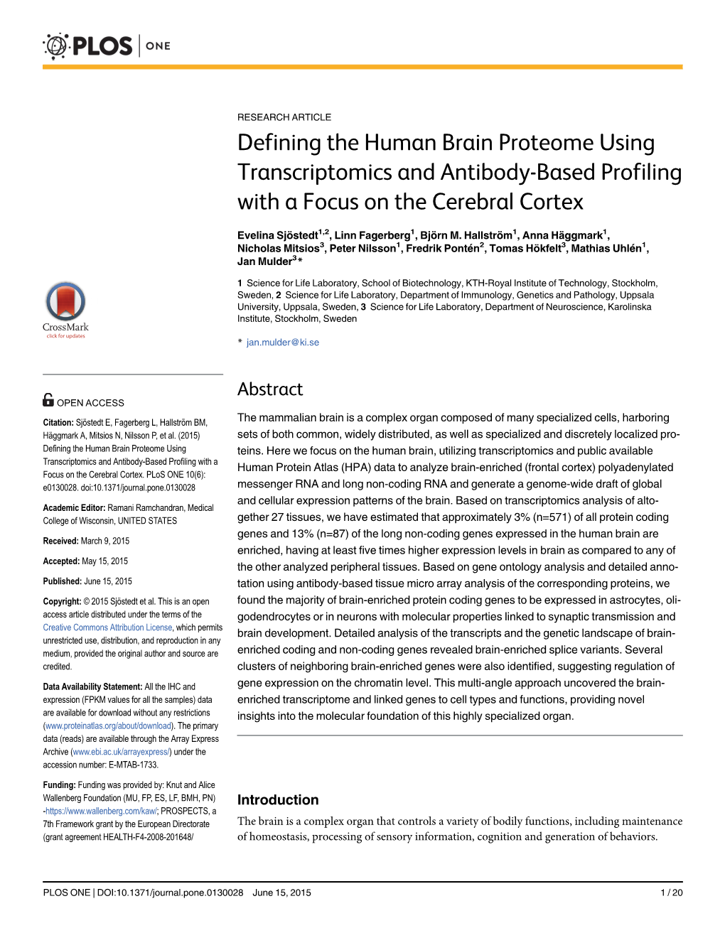 Defining the Human Brain Proteome Using Transcriptomics and Antibody-Based Profiling with a Focus on the Cerebral Cortex