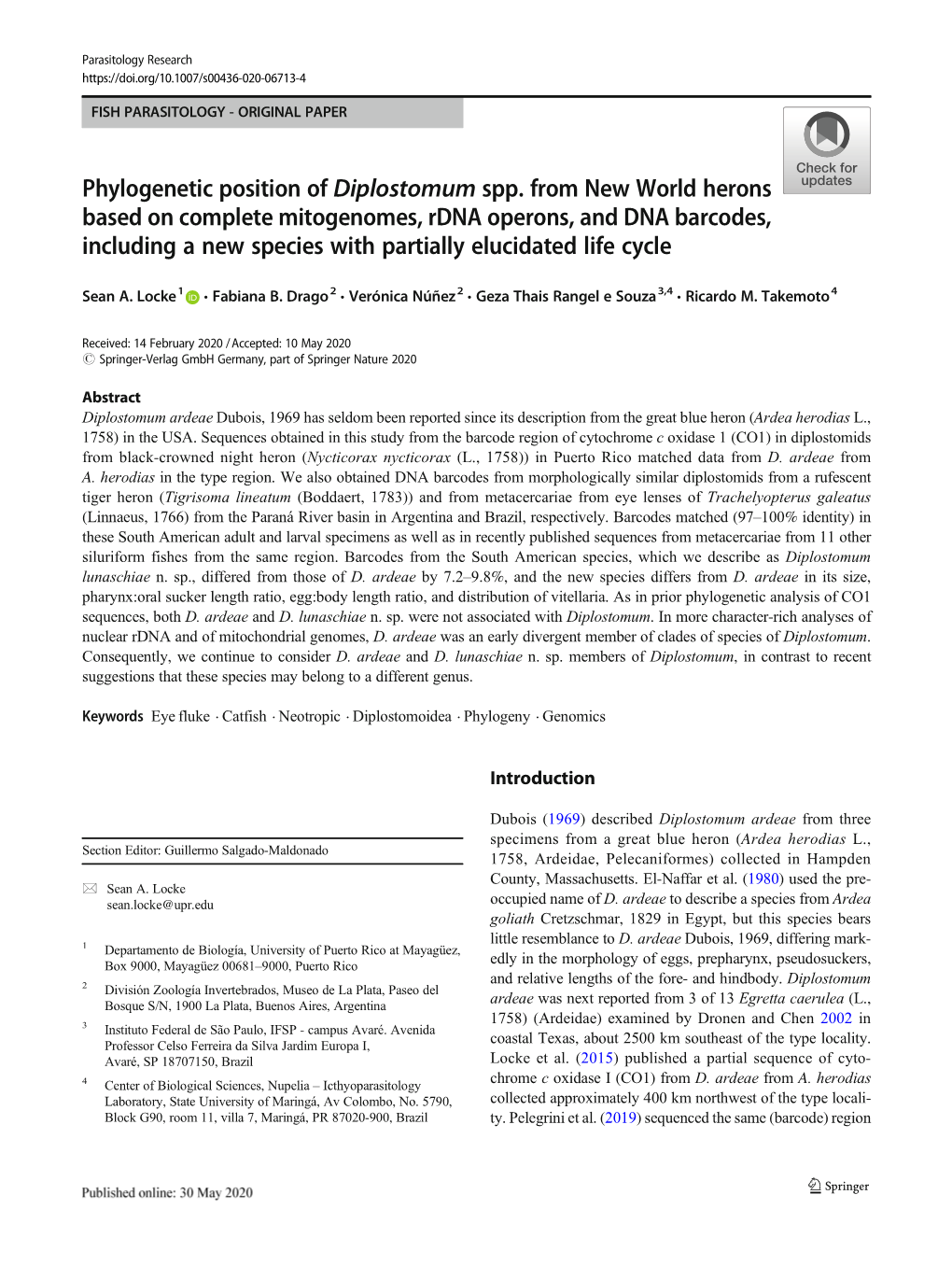 Phylogenetic Position of Diplostomum Spp. from New World Herons Based