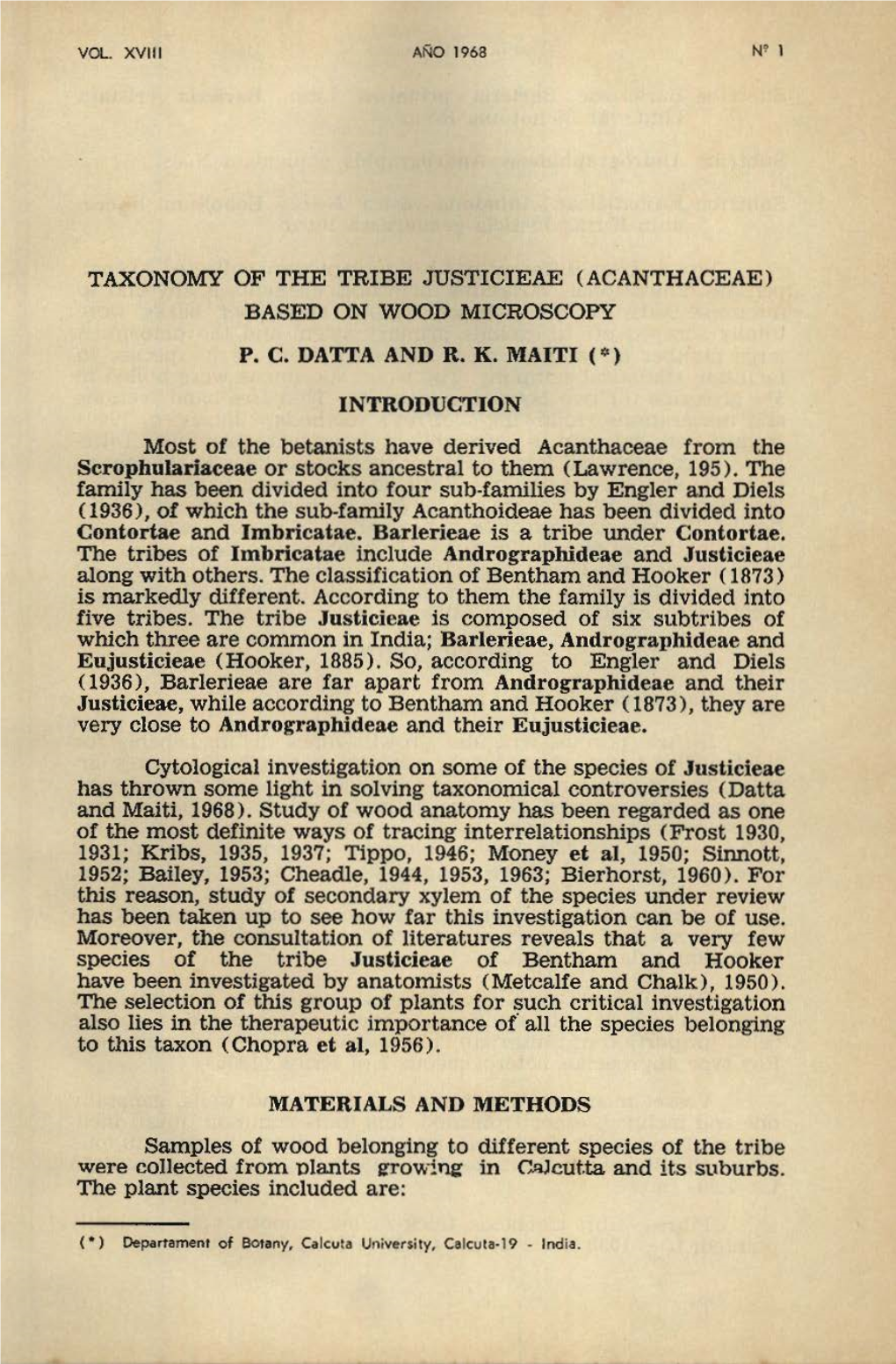 Taxonomy of the Tribe Justicieae (Acanthaceae) Based on Wood Microscopy P