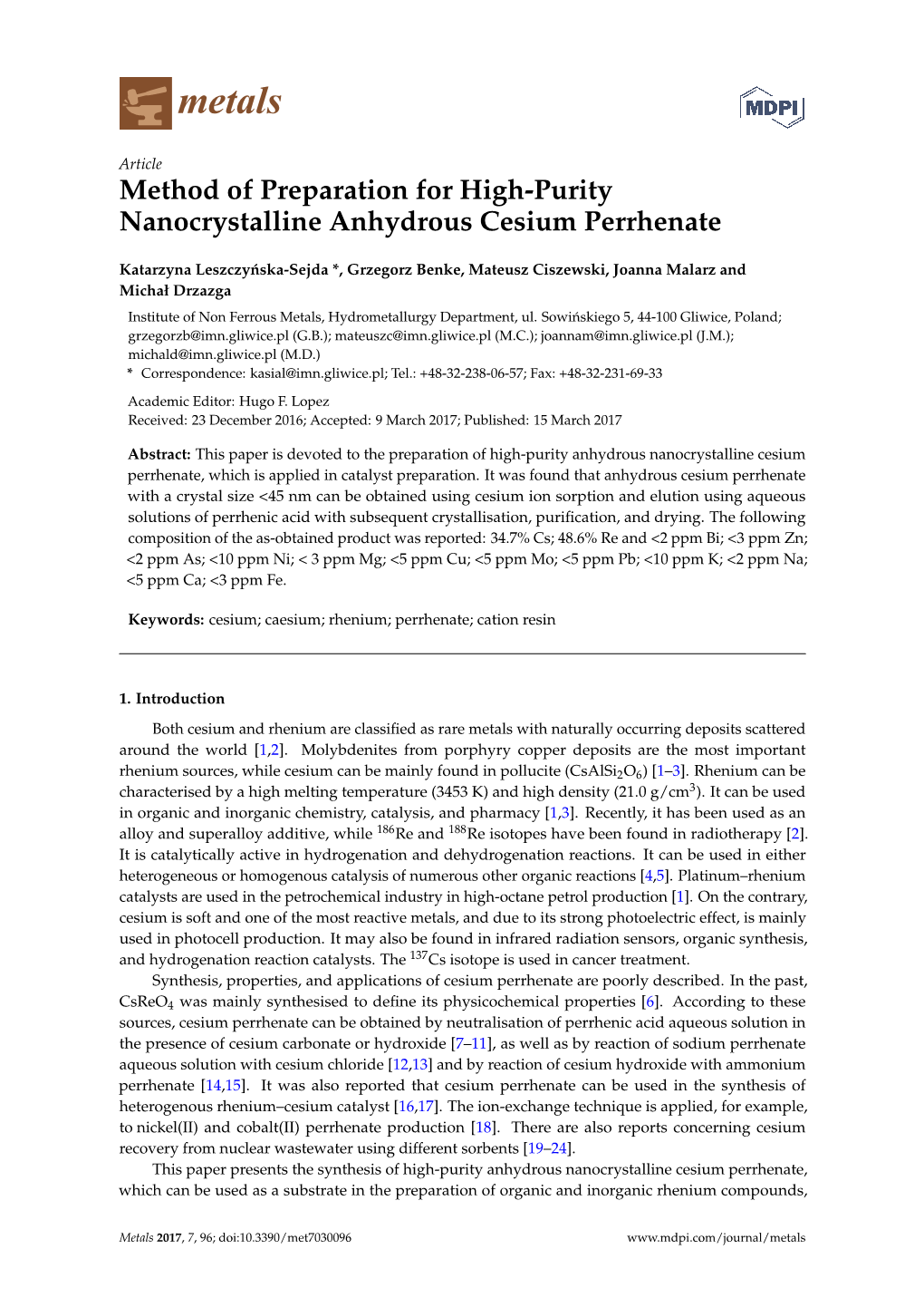 Method of Preparation for High-Purity Nanocrystalline Anhydrous Cesium Perrhenate